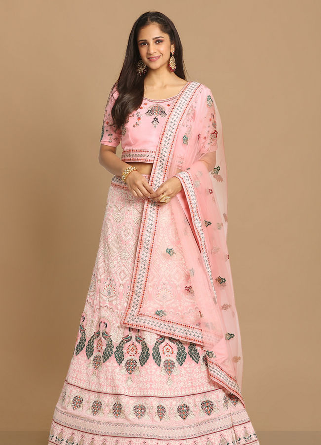 alt message - Mohey Women Light Pink Georgette Lehenga image number 0